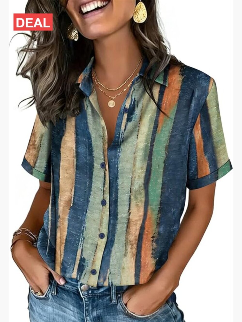 Short Sleeve V-Neck Button Down Blouse with Roll-Up Cuffs - Picture 1 of 7